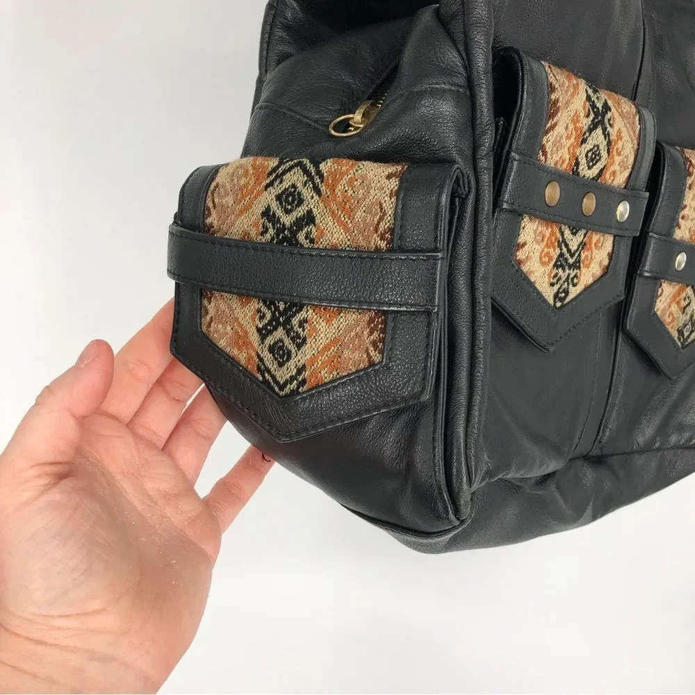 John Cole Satchel Bag‎ Leather Woven Tapestry Bag Black Zip Snaps Boho Chic
